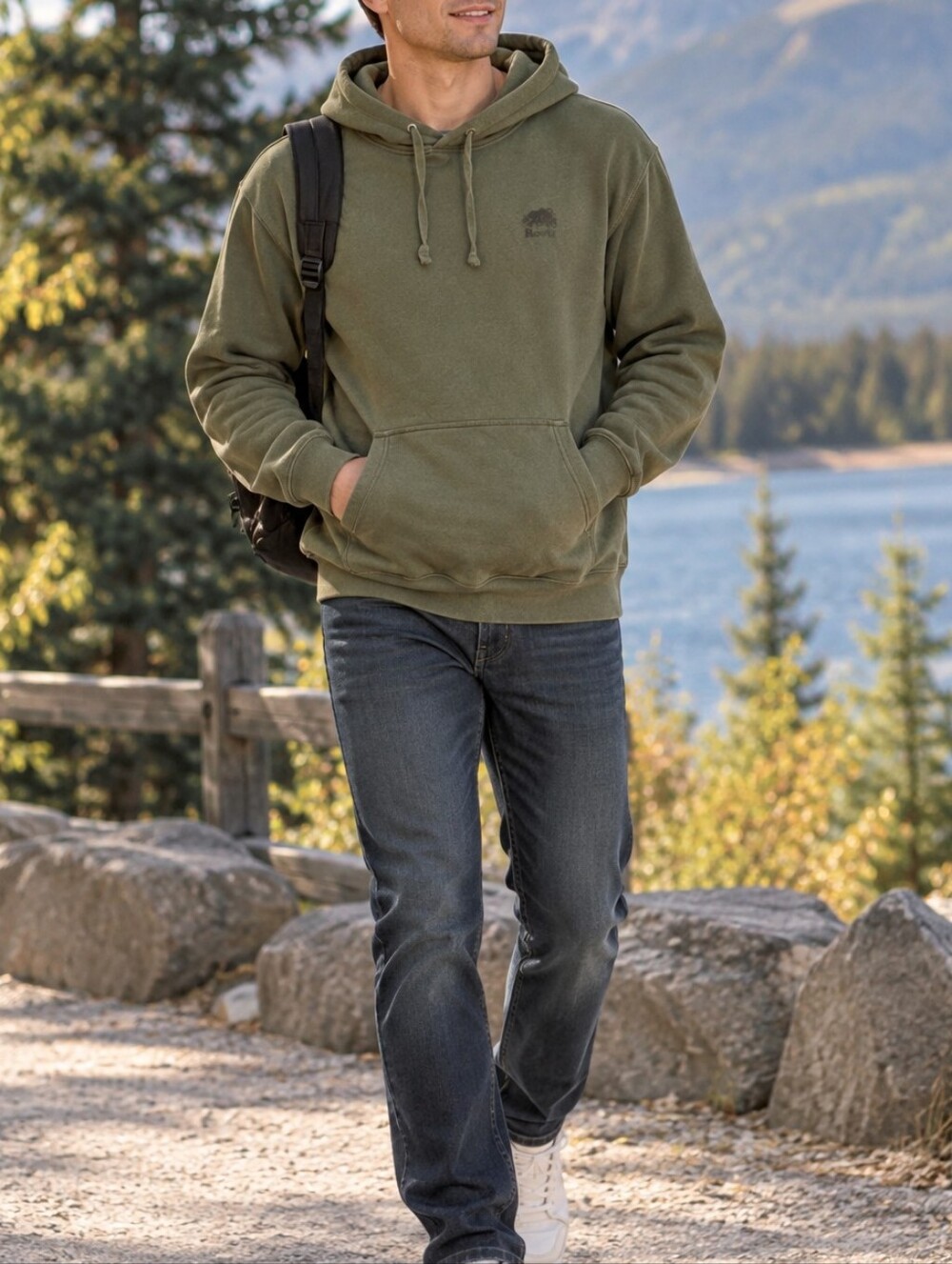 Roots Men’s Olive Green Cotton Blend Pullover Hoodie Logo Kangaroo Pocket Casual